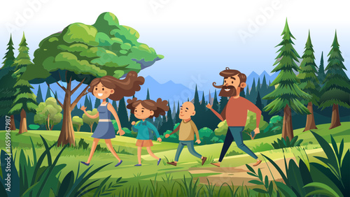 man and woman in jungle, vector graphics, family, nature, forest, sky, trees, mountains, clouds, bushes, grass, joy, rest, banner, poster, panorama