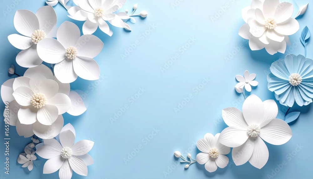 Obraz premium delicate white paper flowers arranged in a gentle frame against a pale blue backdrop. It’s a serene scene, evoking calmness and aesthetic appeal