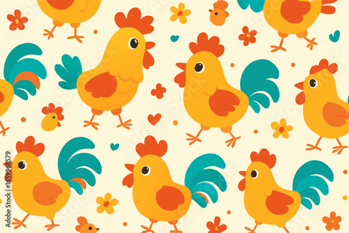 Cute Roosters and Chicks Seamless Pattern