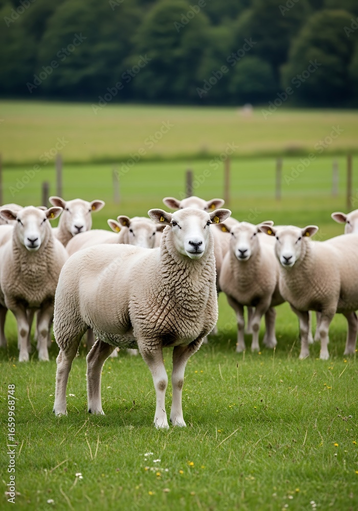 Fototapeta premium Herd of Sheep in a Green Pasture.