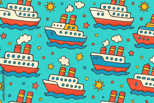 Seamless Pattern of Cute Cartoon Ships on a Turquoise Background