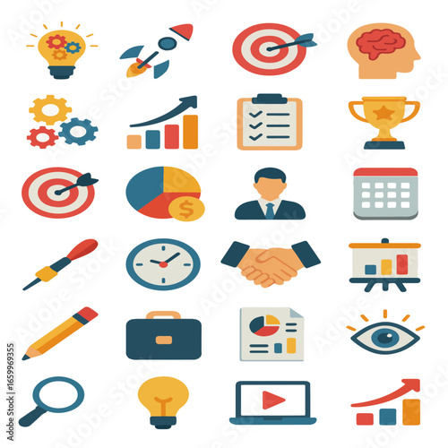 Flat Business Icons – Productivity, Strategy, Office Tools & Success Symbols Vector Set
