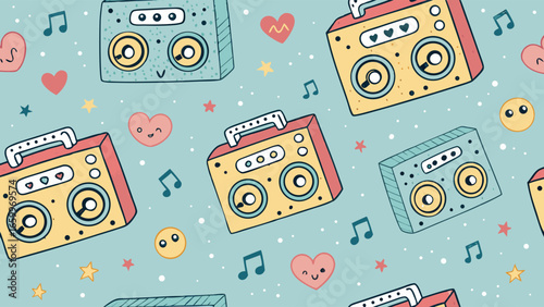 Playful Seamless Pattern with Cute Retro Boomboxes and Kawaii Hearts
