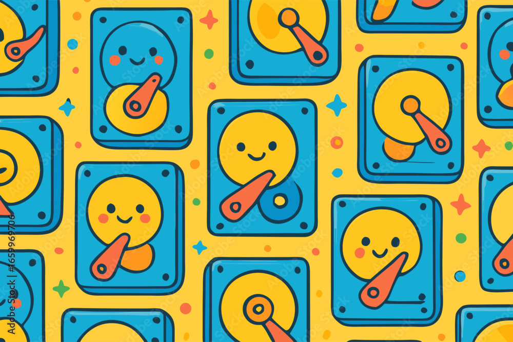 Cute Hard Drive Characters in a Seamless Pattern on Yellow Background