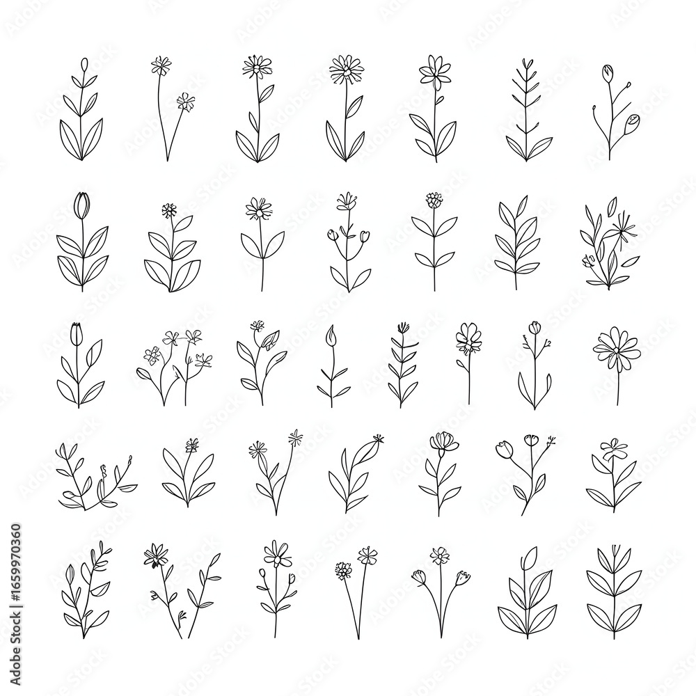 Fototapeta premium Elegant Botanical Line Art A Collection of Simple Floral Designs isolated on transparent background Generative AI.