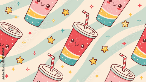 Cute kawaii soda cups with smiley faces on a retro background pattern