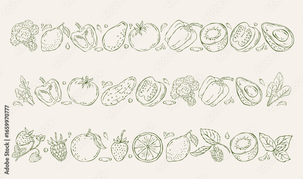 Fototapeta premium Set of hand drawn vector borders with fruits and vegetables. Decorative line illustrations for menus, packaging, invitations, and natural food design projects