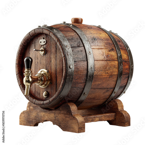 Beer barrel with tap. Isolated white background. Png format