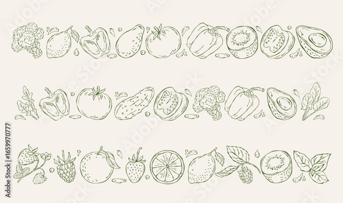 Set of hand drawn vector borders with fruits and vegetables. Decorative line illustrations for menus, packaging, invitations, and natural food design projects