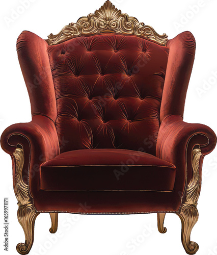 Ornate Red Velvet Wingback Armchair with Gold Carvings Front View on White Background furniture