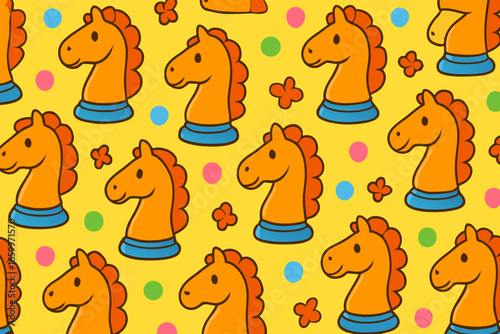 Whimsical seamless pattern featuring cute cartoon chess knight pieces on a vibrant yellow background
