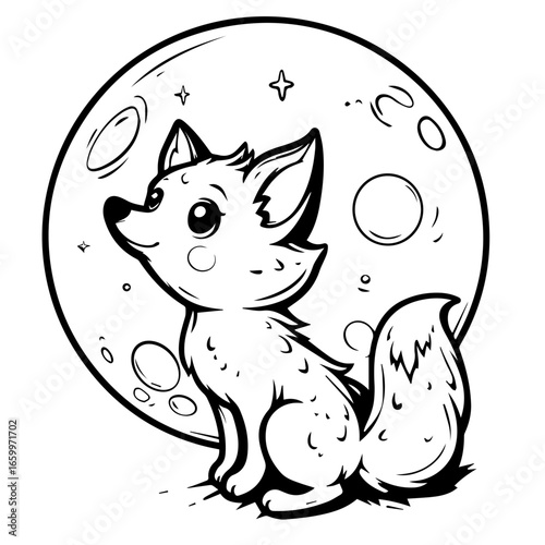 Cute fox with fluffy fur is gazing at the moon surrounded by stars in a nighttime setting