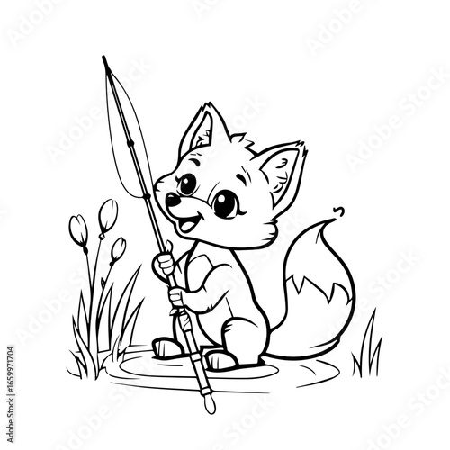 Cute fox character holding a spear and smiling while sitting on the shore near a pond surrounded by grass and plants