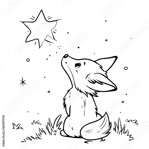 Coyote gazes at the shining star in a serene night landscape filled with gentle twinkling stars