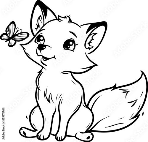 Cute fox cub sitting and looking at a butterfly in a playful and joyful moment of nature