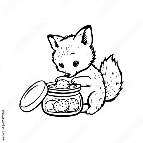 Cute fox cub reaching into a jar of cookies with curiosity and excitement during a playful moment in nature