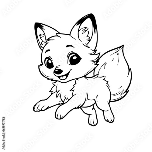 Cute black vector illustration of a playful fox character designed for children's coloring activities and digital art projects