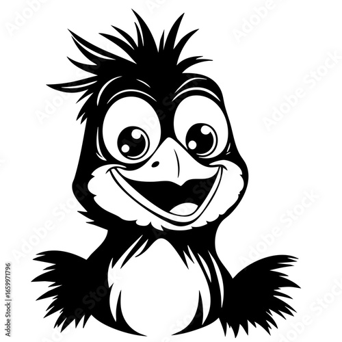 Happy cartoon bird character with exaggerated features and cheerful expression, suitable for children's designs and illustrations