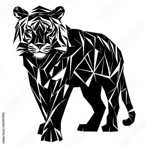 Elegant black vector of a tiger showcasing intricate geometric patterns and fierce expression