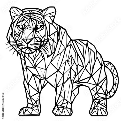 Black vector illustration of a geometric tiger standing proudly in a fierce pose showcasing strength and elegance in its design