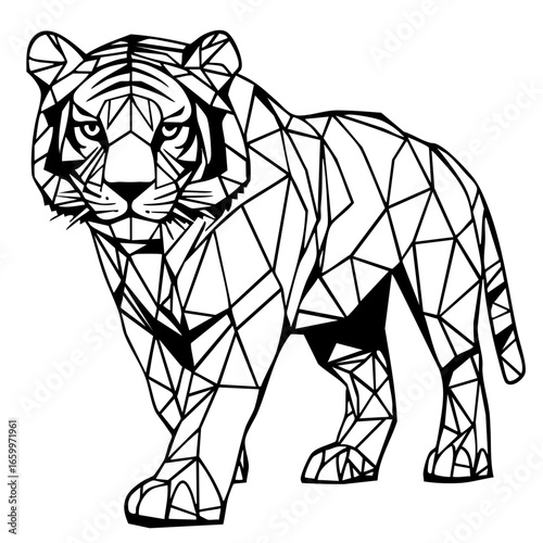 Powerful geometric black tiger design showcasing strength and grace in a dynamic pose