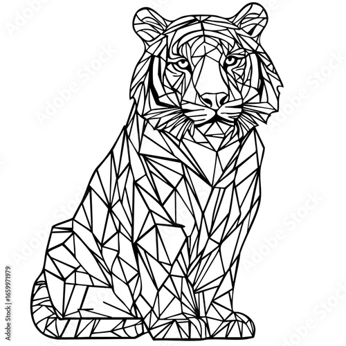 Detailed geometric black vector illustration of a majestic tiger sitting elegantly with a proud expression