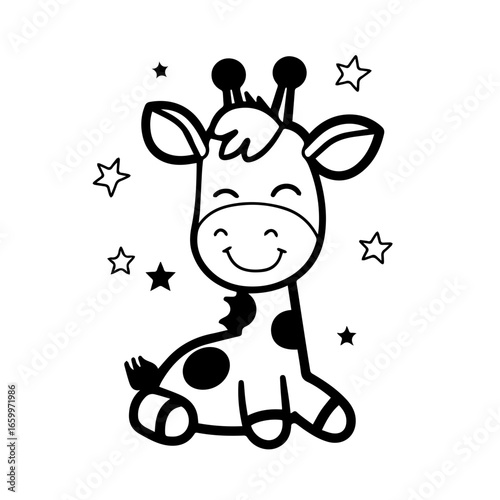 Cute black vector illustration of a smiling giraffe surrounded by stars enjoying a playful moment