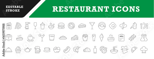  Restaurant Food and Drink Line Icons Set – Editable Stroke Vector Illustrations for Menu, Cafe, Fast Food, and Culinary Design
