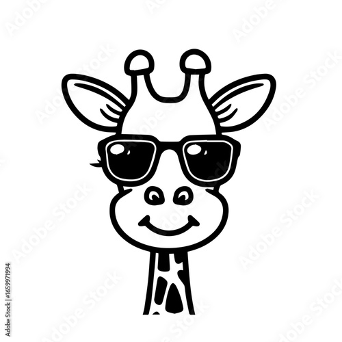 Smiling giraffe wearing sunglasses showcases playful charm and whimsy in a fun illustration appealing to all ages