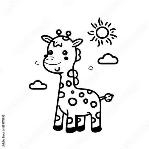 Playful giraffe standing under a sun with clouds, showcasing cheerful expression and whimsical design for a lively atmosphere