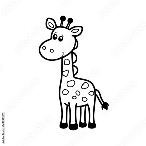 Cute cartoon giraffe standing happily with a playful expression, showcasing unique spots and distinctive features