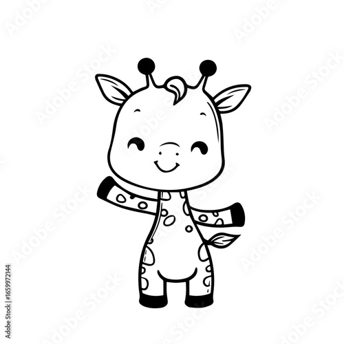 Happy cartoon giraffe waving with a cheerful expression, showcasing its playful design and simple features