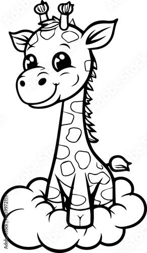 Cute cartoon giraffe standing on a fluffy cloud with a cheerful expression, showcasing a whimsical design