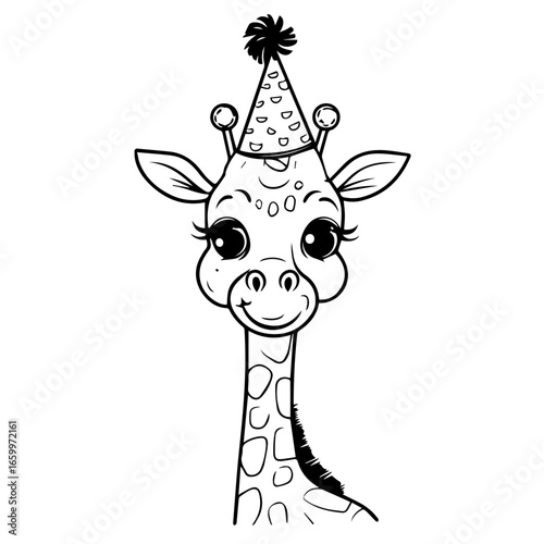 Charming cartoon giraffe with a festive party hat celebrating a joyful occasion in a playful design for kids