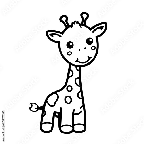 Cute cartoon giraffe with spots and a friendly expression standing upright in a playful pose, appealing to children and animal lovers alike