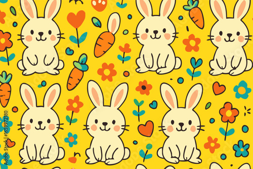 Adorable Cartoon Bunnies, Carrots, and Flowers in a Cheerful Seamless Pattern