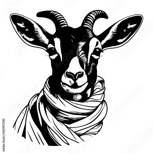 Unique black vector illustration of a goat wrapped in a scarf showcasing its distinctive features and expression