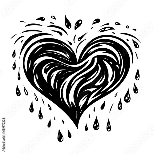 Heart design featuring swirling patterns and raindrops flowing down, symbolizing emotion and creativity