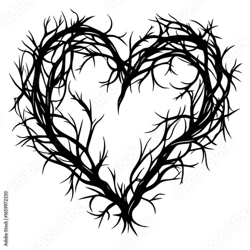 Heart shape created with intricate black tree branches and vines depicting nature's beauty and complexity