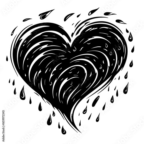 Swirling heart design with dripping elements conveys emotions of love and intensity in a bold black vector style