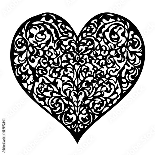 Intricate heart shape design featuring ornate swirls and floral patterns for decorative purposes in art and crafts