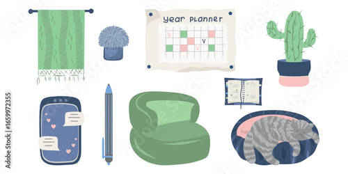 Cozy armchair and cat home office set, Living room work corner with plant and planner, Armchair, phone and pet vector collection