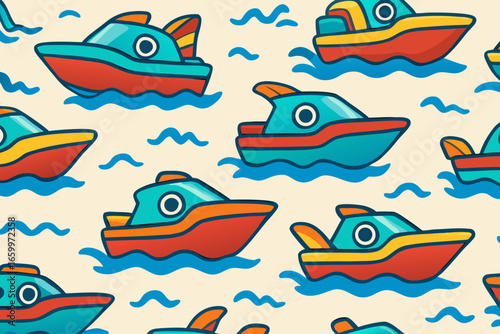 Colorful boat pattern Repeating design of cartoon watercraft on wavy blue lines