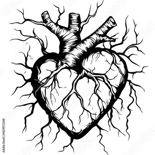 Unique black vector illustration of a heart with intricate roots symbolizing life, strength, and connection
