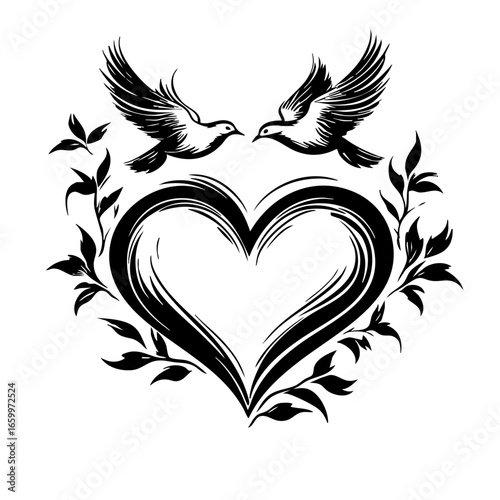 Elegant black vector design featuring two birds and a heart surrounded by foliage elements, perfect for romantic themes and decorative use