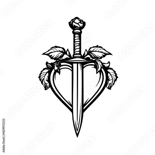 Sword and rose emblem design featuring a heart shape with floral elements, portraying themes of love and strength