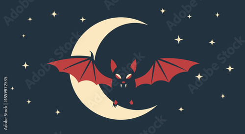 Cartoon Flat Style Bat Silhouette with Moon and Stars Illustration