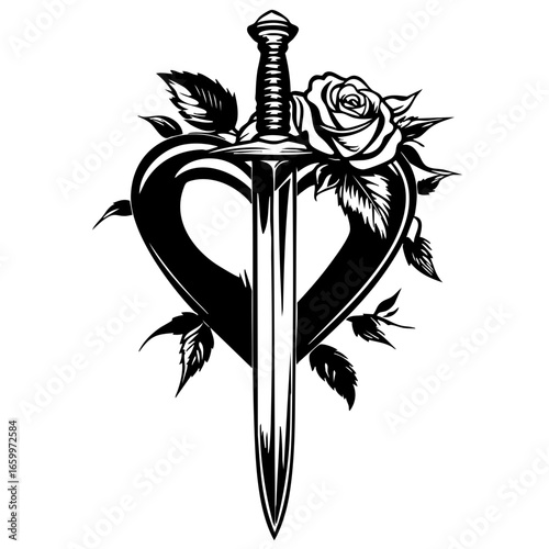 Heart-shaped design featuring a sword and rose, symbolizing love and strength in a striking black vector art style