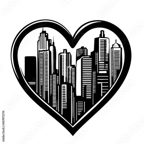City skyline silhouette in heart shape representing love for urban life and architecture