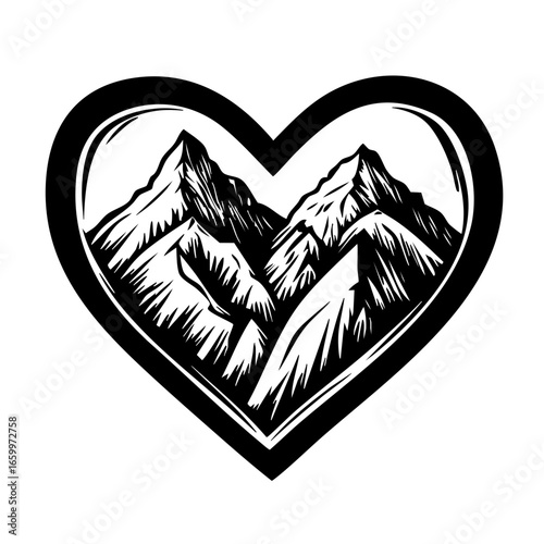 Mountain landscape within heart shape representing love for nature and adventure in outdoor activities surrounded by majestic peaks